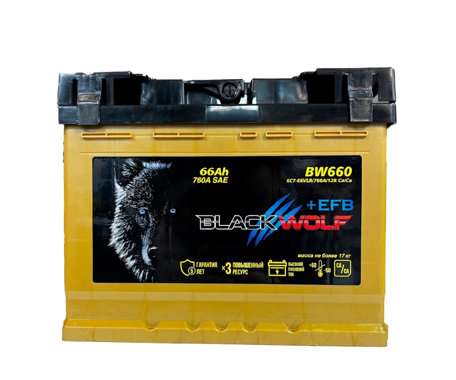 Аккумулятор, Black Wolf 066111K01BW EFB, 66 Ah, 760 А, обратная полярность